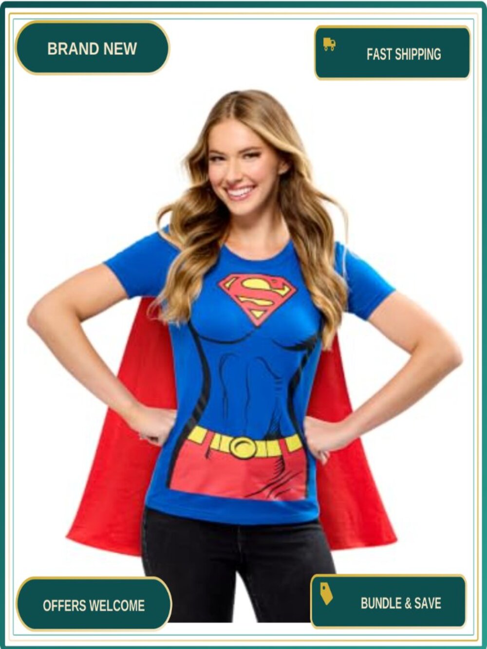 Supergirl Costume T-Shirt with Detachable Cape Women's Fitted Cotton Halloween